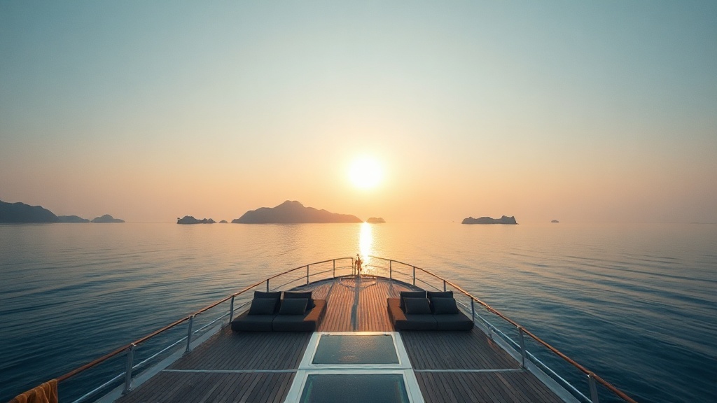 Serene luxury liveaboard sun deck at dawn on calm sea near Komodo islands
